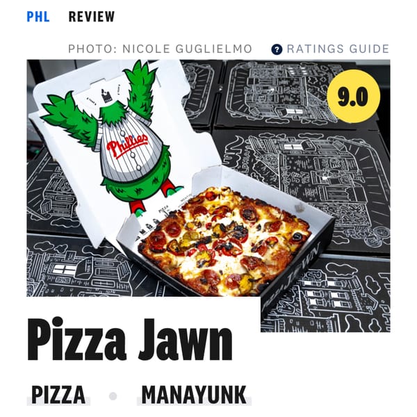 A square pizza with pepperoni and vegetables in a Bar Jawn box featuring the Philly Phanatic.